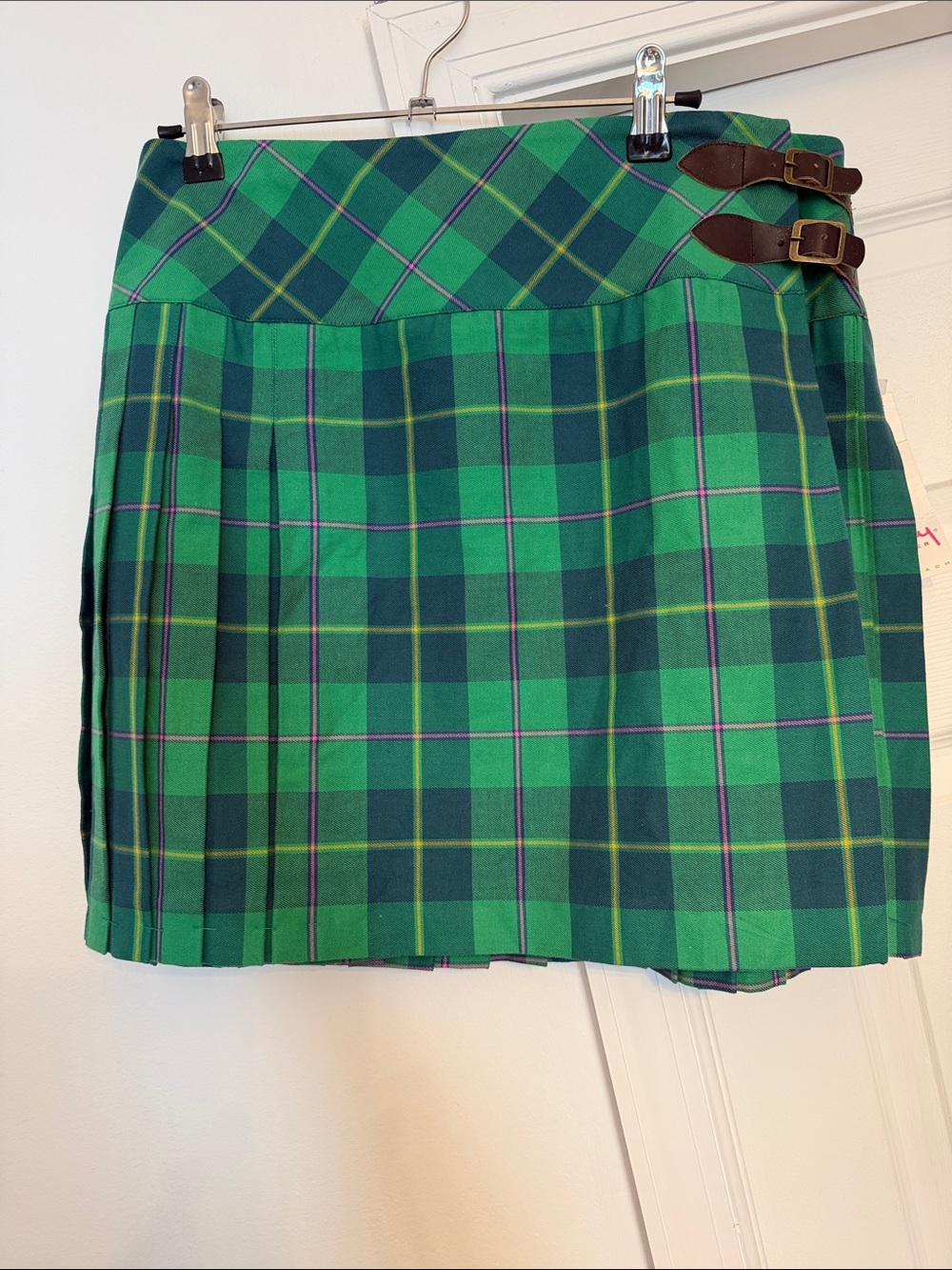 NWT Vintage White Label Lilly Pulitzer Green Plaid Mini Skirt with Brown Buckles